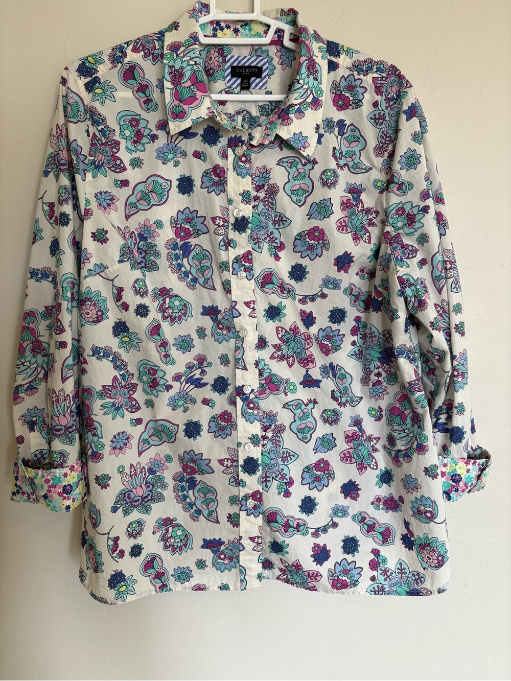 Talbots Shirt Women's Size XLP Pink Botanical Paisley Button-Up Career Dopamine